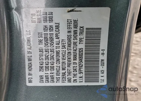 2019 Honda Ridgeline Rtl z USA, uszkodzony, nr VIN 5FPYK2F54KB002826